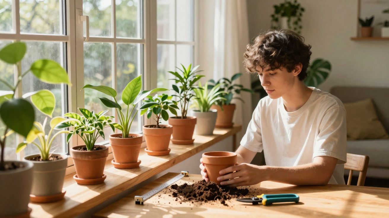 Jovem cuidando de plantas em vasos, com terra sobre a mesa próxima à janela ensolarada.