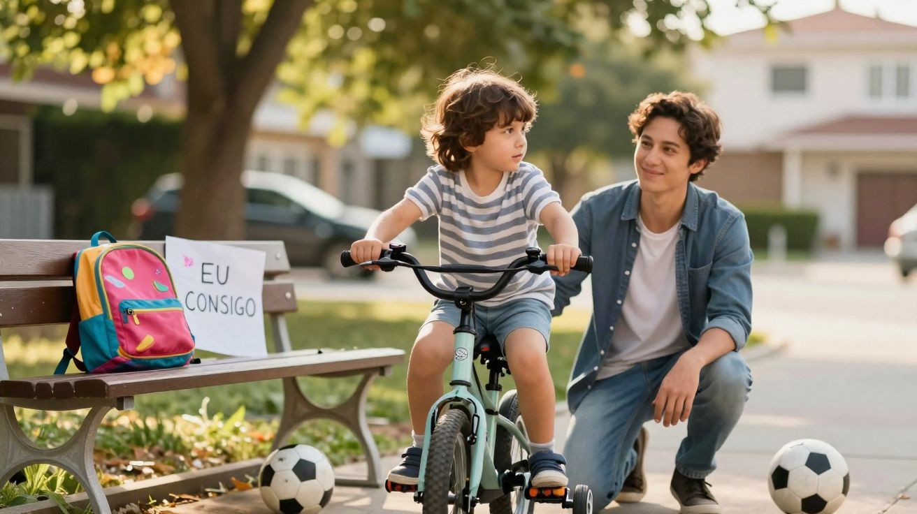 Criança aprendendo a andar de bicicleta com adulto sorridente ao lado em parque, mochila com cartaz "Eu consigo".