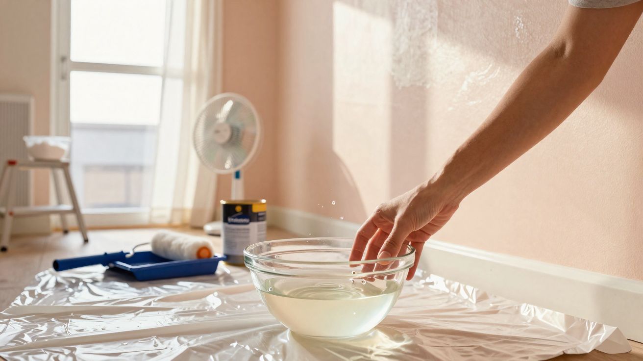 Pessoa molhando a mão em uma tigela de vidro com água em ambiente preparado para pintura.