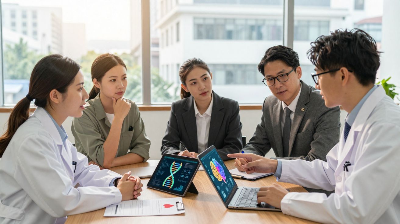 Profissionais discutindo imagens de DNA e cérebro em tablets durante reunião em escritório iluminado.