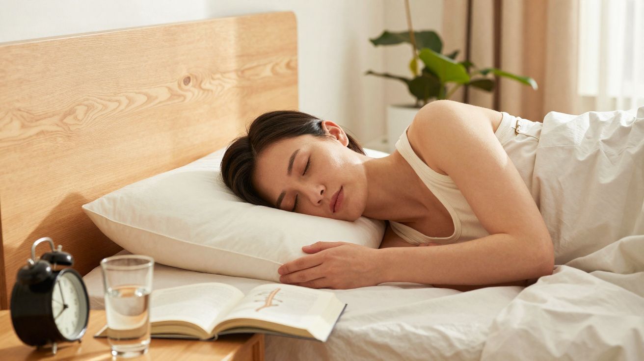 Mulher dormindo de lado na cama com travesseiro branco, livro aberto, copo d'água e relógio na mesa ao lado.