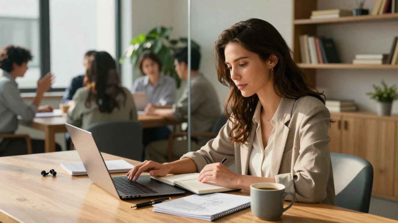 Mulher trabalhando em notebook e escrevendo em caderno em escritório com grupo reunido ao fundo.