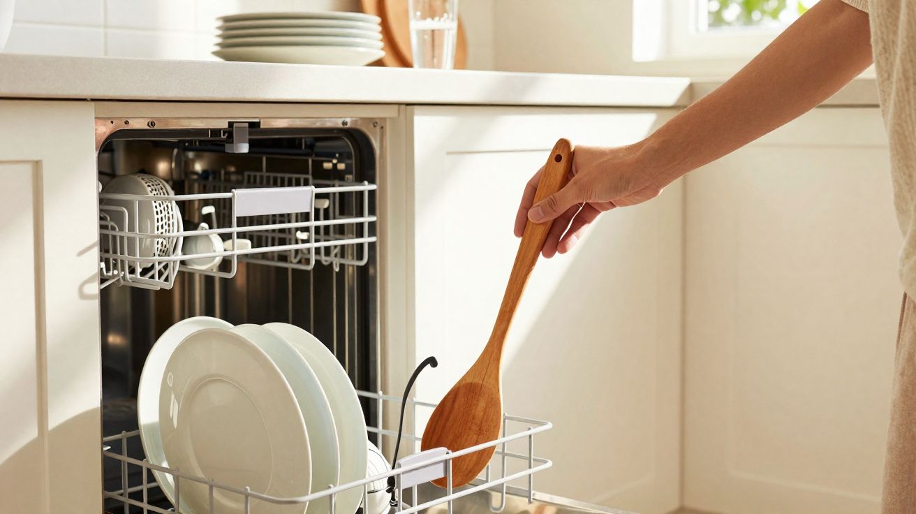Pessoa colocando utensílio de madeira na lava-louças branca em cozinha iluminada e moderna.