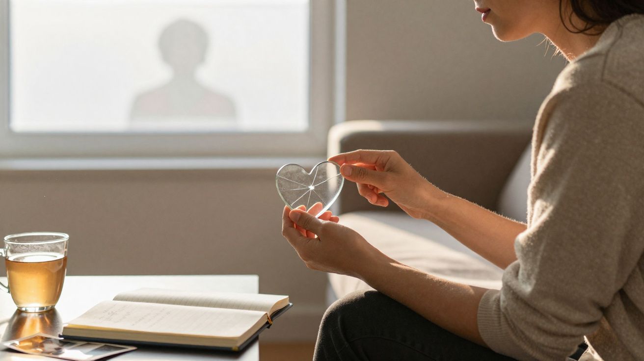 Mulher segurando coração de vidro quebrado, com livro aberto e xícara de chá sobre a mesa.