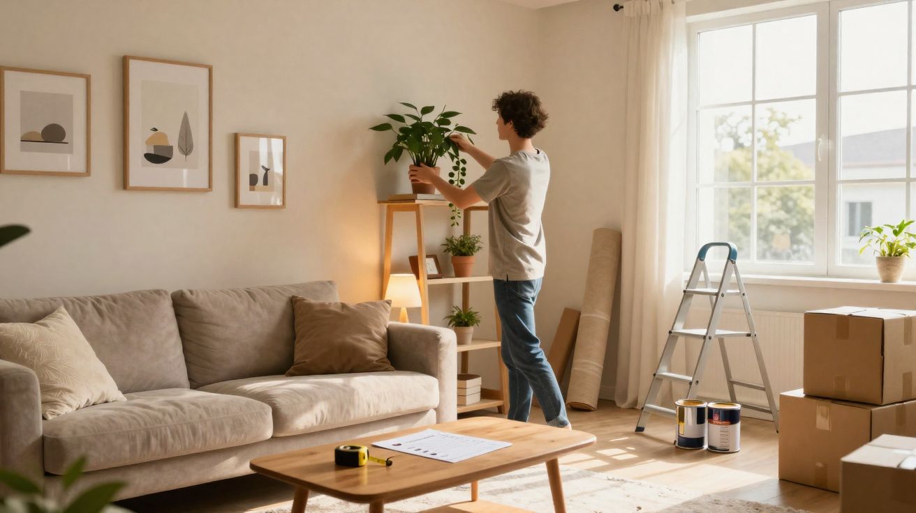 Pessoa organizando plantas em estante de sala clara com sofá, quadro, caixas e materiais de pintura.