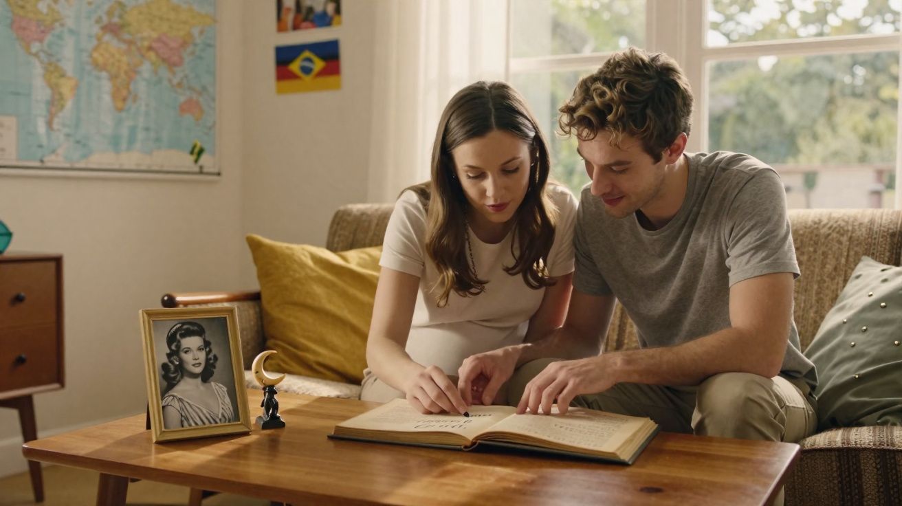 Casal sentado no sofá lendo um livro aberto sobre a mesa de centro em sala iluminada e decorada.