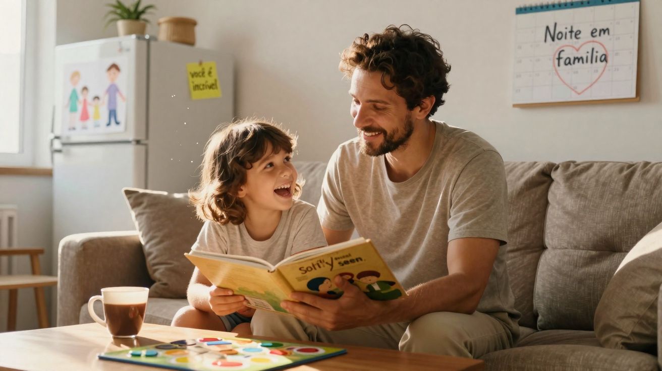 Pai e filho sorrindo enquanto leem um livro juntos no sofá durante a noite em família.