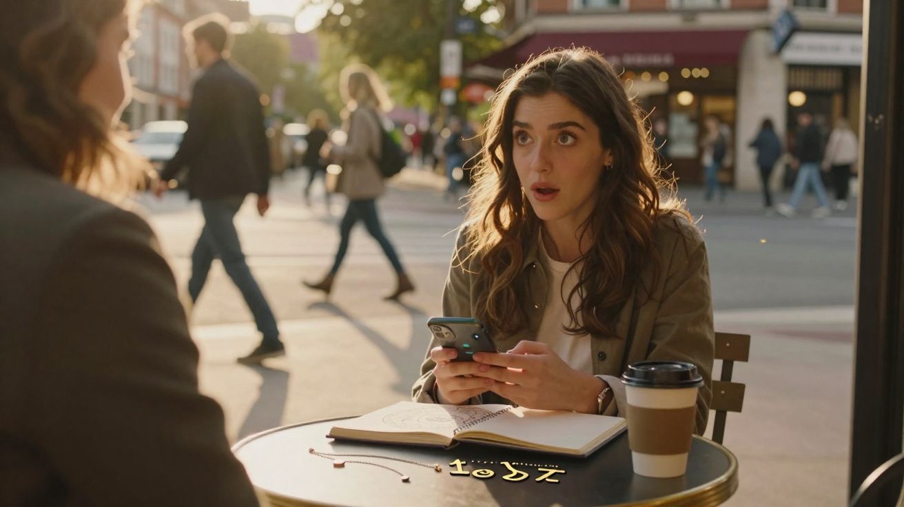 Mulher surpresa sentada à mesa com celular e caderno, conversando com outra pessoa ao ar livre.