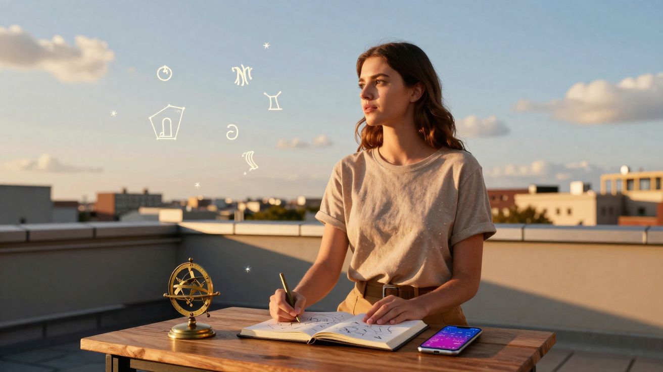Mulher escrevendo em caderno ao ar livre com símbolos astrológicos e celular sobre mesa de madeira.