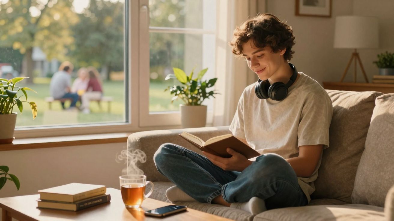 Jovem sentado no sofá lendo livro com fones no pescoço e chá na mesa perto da janela em ambiente aconchegante.