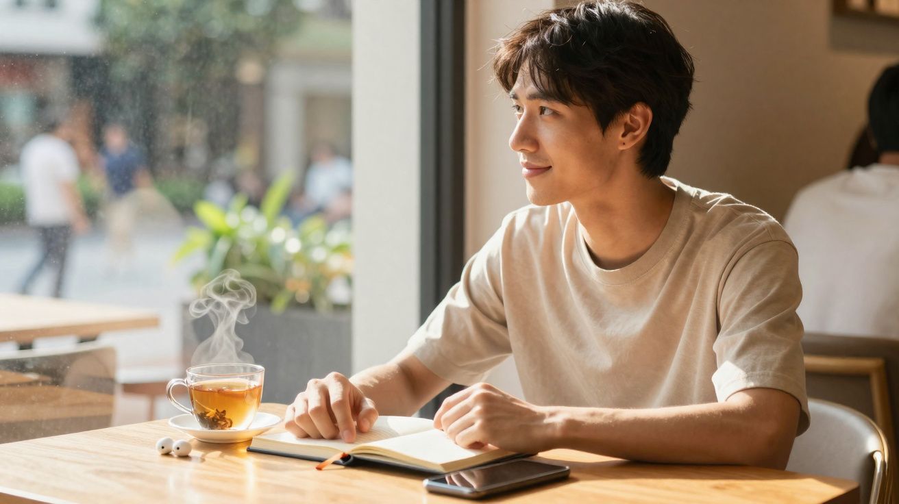 Jovem sentado em cafeteria com livro aberto, chá quente e fones de ouvido sobre a mesa, olhando pela janela.