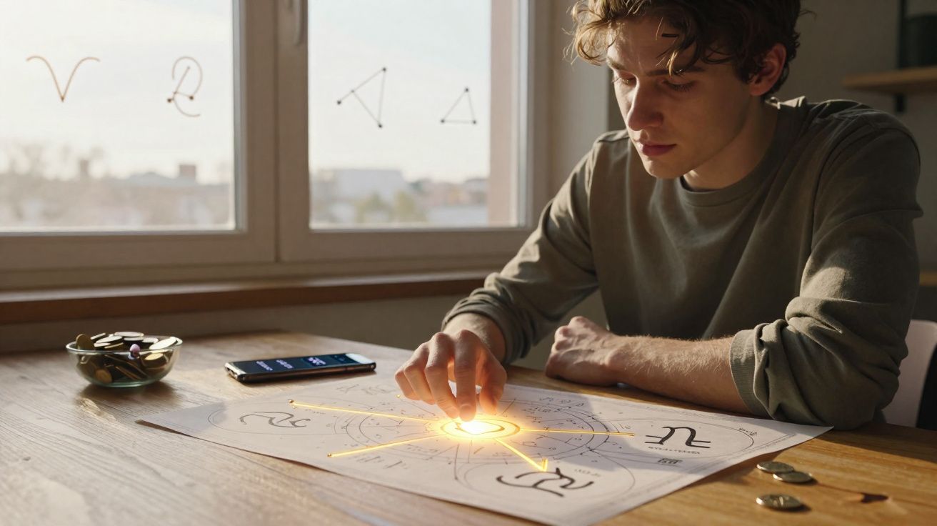 Jovem estudando mapa astrológico com símbolo do sol iluminado sobre mesa de madeira perto da janela.