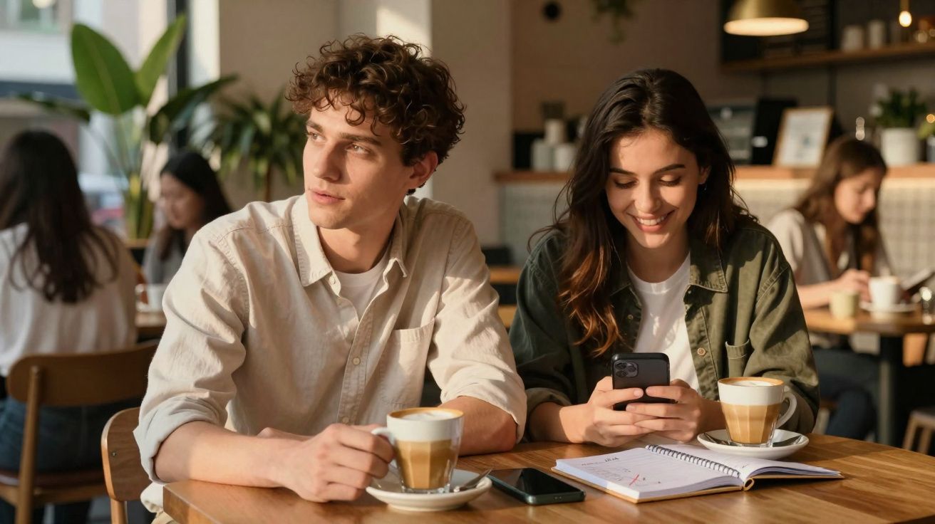 Jovem casal sentado em café, ele segurando xícara de café e ela usando celular sorrindo.