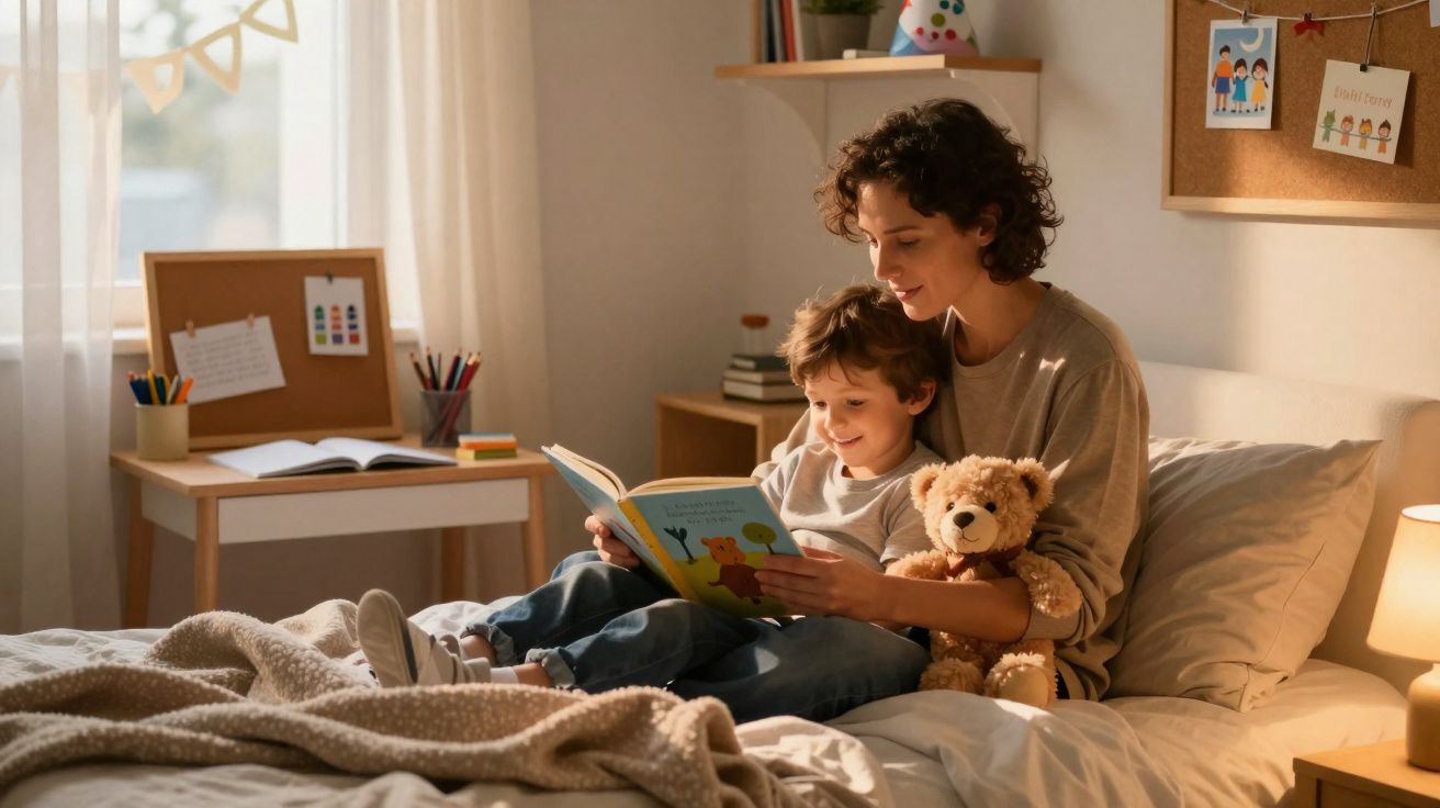 Mulher lendo livro para criança no quarto, ambos sentados na cama, luz natural suave.