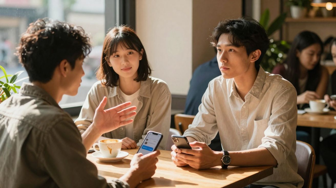 Três jovens sentados em café conversando, dois com smartphones e uma xícara de café na mesa.