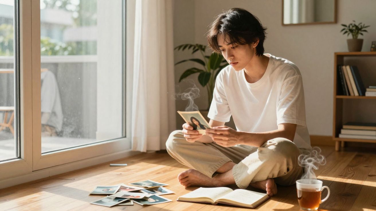 Jovem sentado no chão de madeira, olhando fotos antigas com xícara de chá ao lado, em ambiente iluminado.