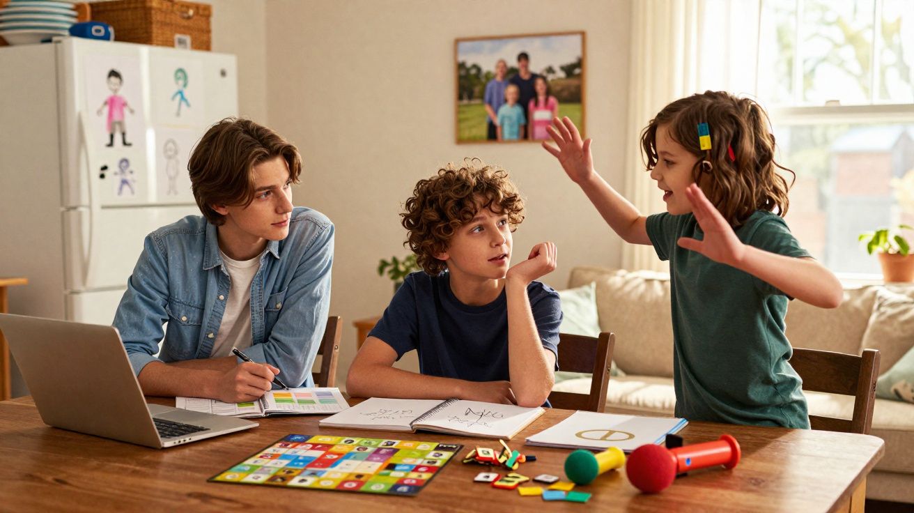 Três crianças interagem e estudam juntas em uma mesa com cadernos, laptop e brinquedos coloridos.