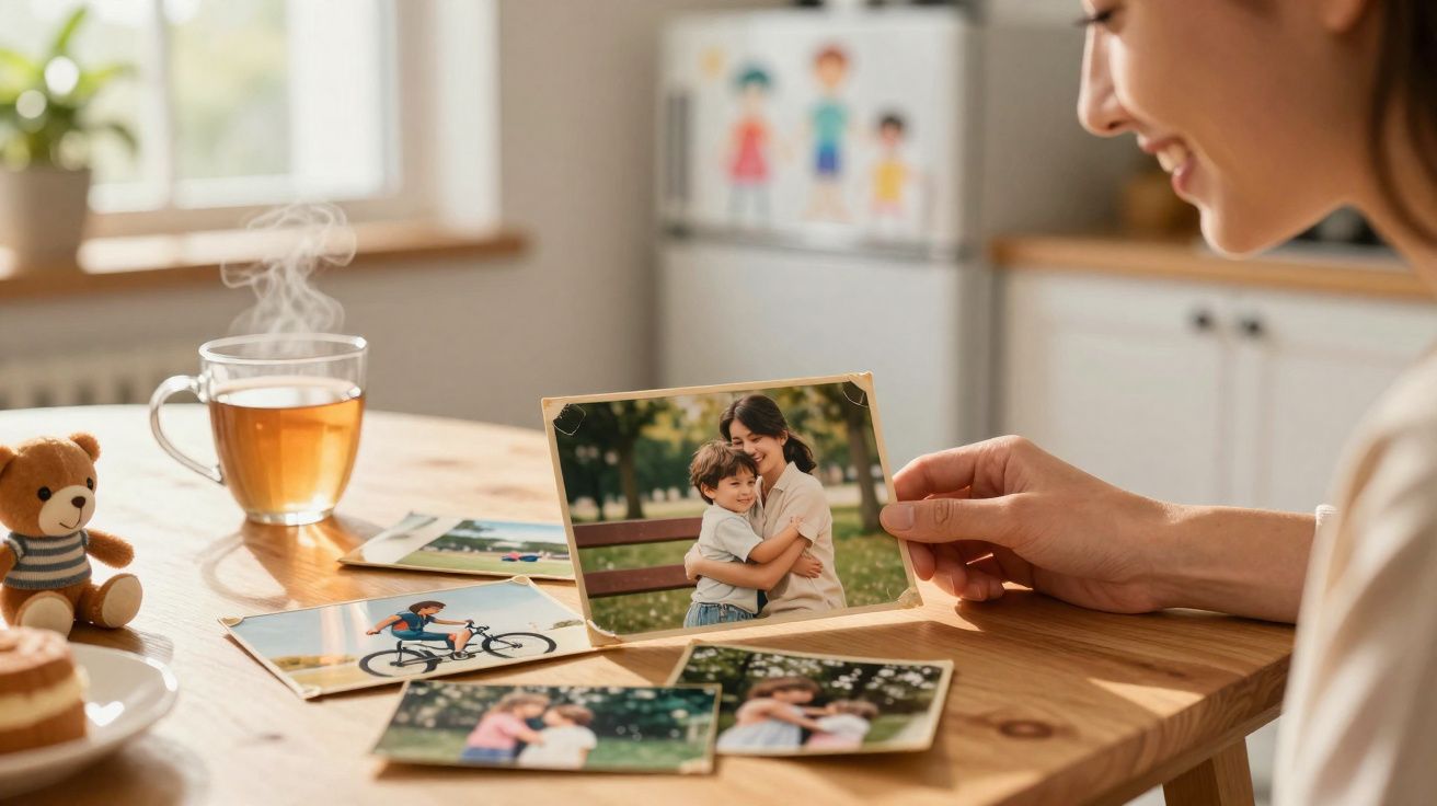 Mulher sorrindo olha fotos antigas de abraço afetuoso com criança em mesa de cozinha iluminada.