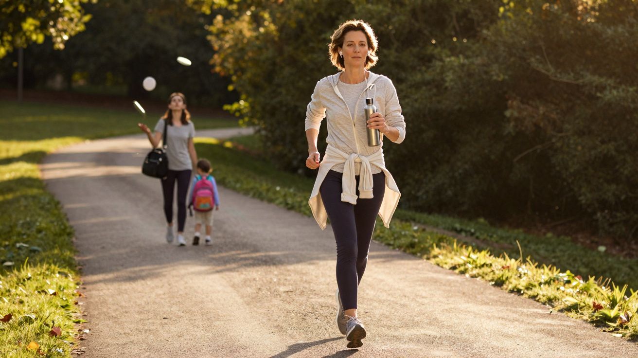 Mulher correndo em parque com garrafa de água enquanto outra mulher e criança caminham ao fundo.