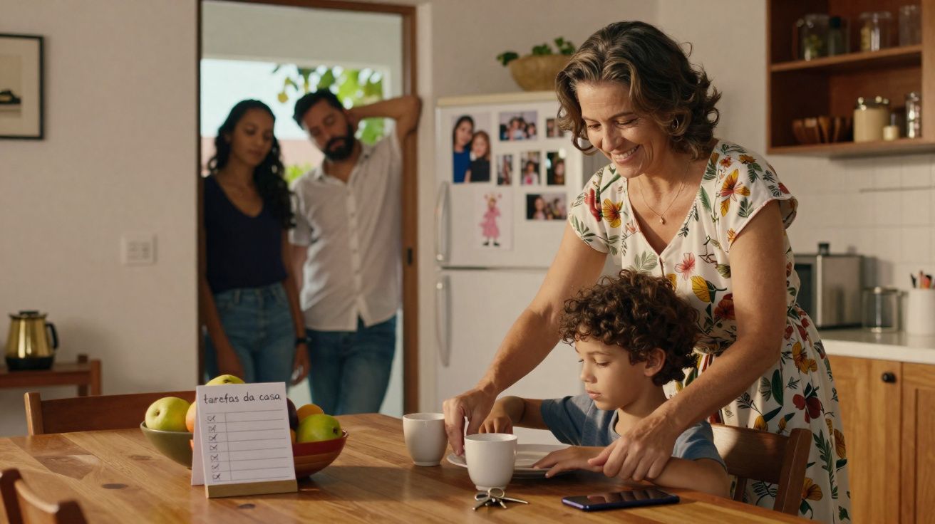 Mulher ajuda menino a beber na cozinha enquanto dois adultos observam na porta.
