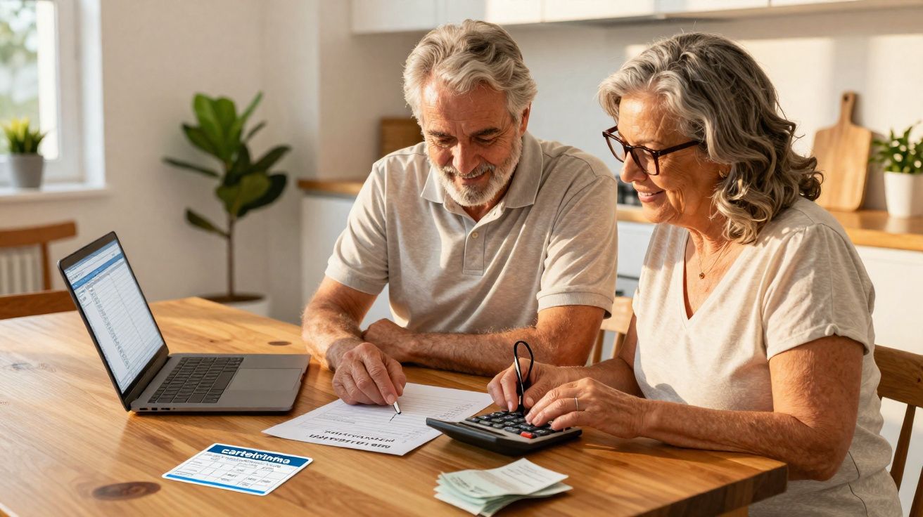 Casal idoso sentado à mesa calculando despesas com laptop, documentos e calculadora.